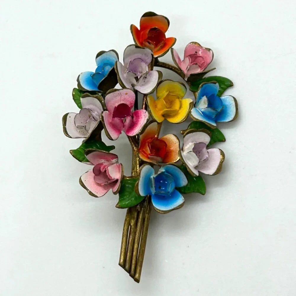 Vintage Austrian Enamel Flower Bouquet Brooch Hand Painted Multicolor Floral - Picture 2 of 16